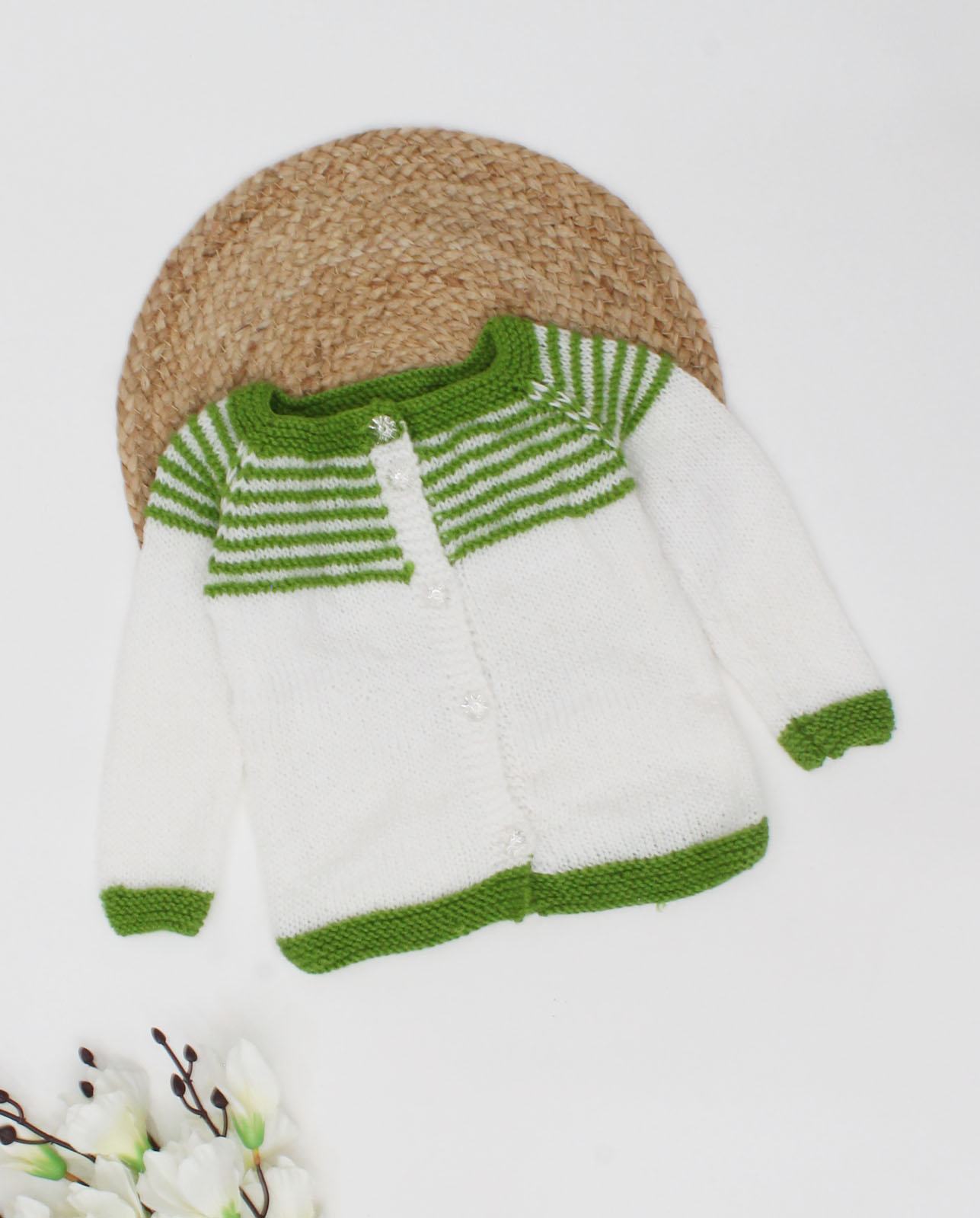 Woonie Handmade Full Sleeves Striped Pattern Self Design Knitted Front Openable Cardigan-White
