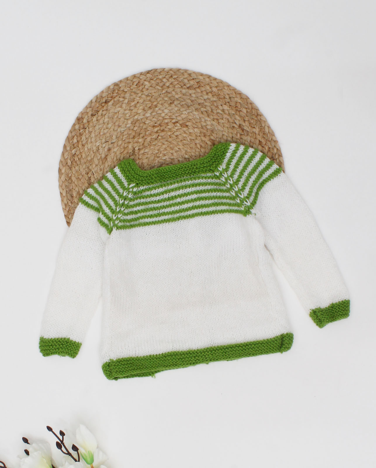 Woonie Handmade Full Sleeves Striped Pattern Self Design Knitted Front Openable Cardigan-White