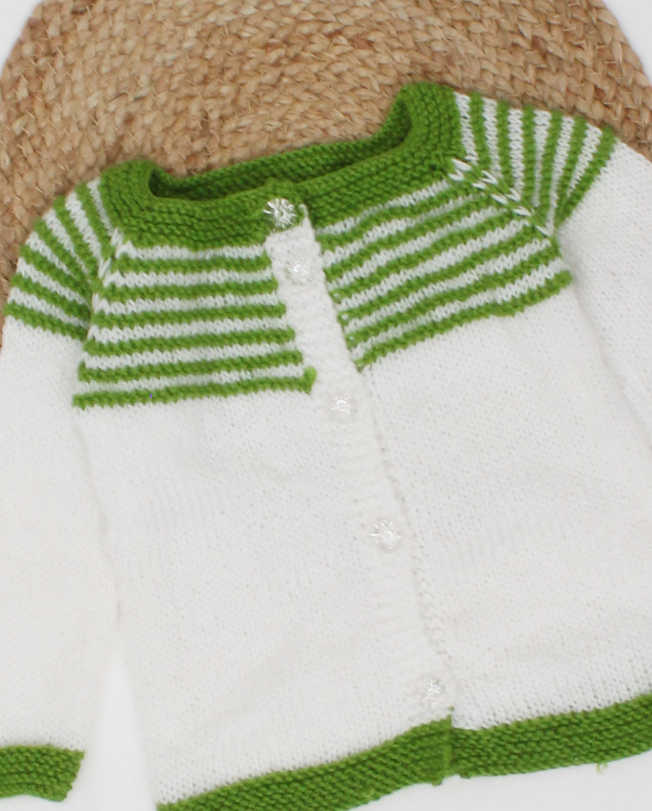 Woonie Handmade Full Sleeves Striped Pattern Self Design Knitted Front Openable Cardigan-White