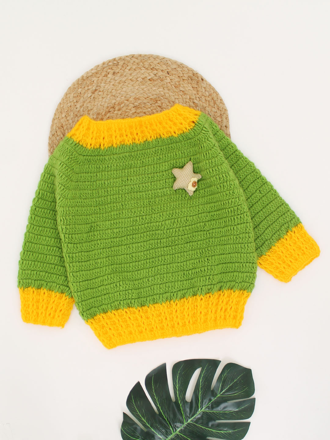 Woonie Handmade Full Sleeves Crochet Star Applique Sweater-Green
