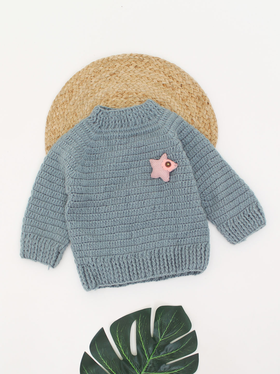 Woonie Handmade Full Sleeves Crochet Star Applique Sweater-Grey
