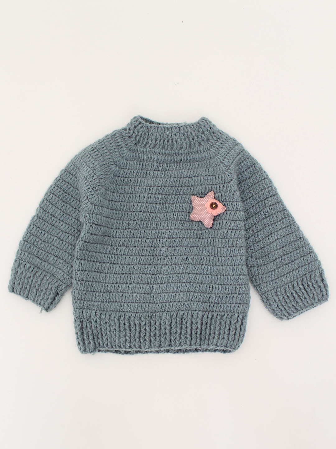 Woonie Handmade Full Sleeves Crochet Star Applique Sweater-Grey