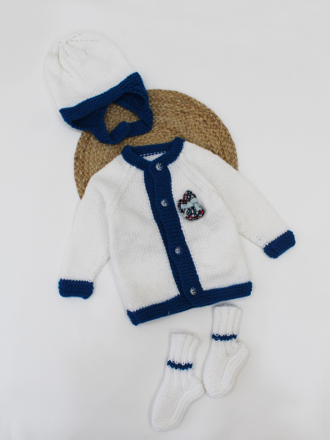 Woonie Handmade Knitted Full Sleeves Patch Detailing Front Openable Sweater With Cap & Booties-White
