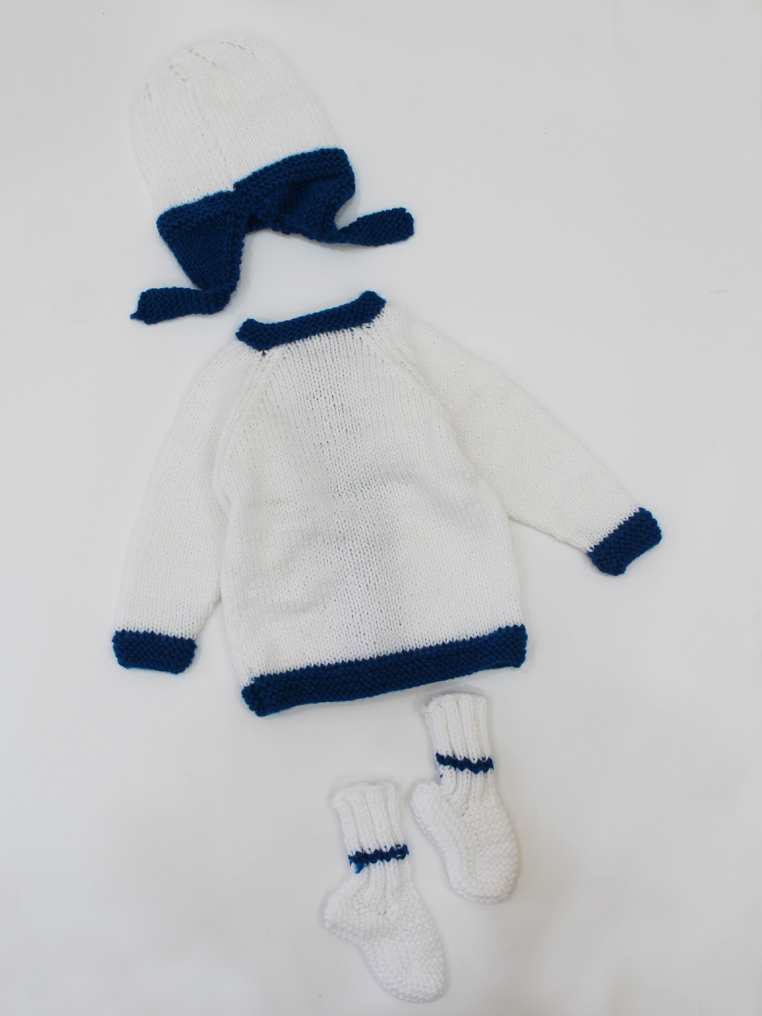 Woonie Handmade Knitted Full Sleeves Patch Detailing Front Openable Sweater With Cap & Booties-White