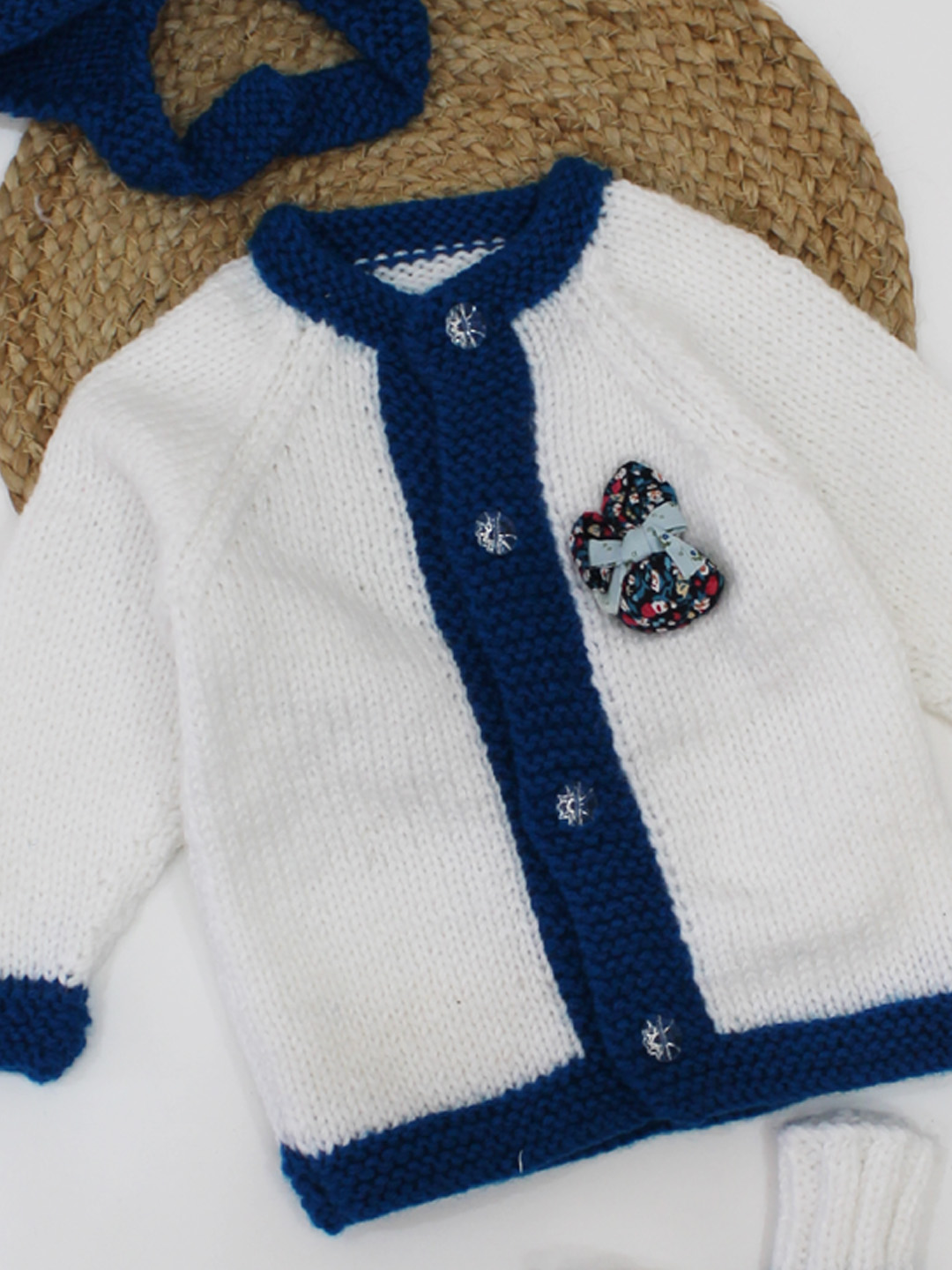 Woonie Handmade Knitted Full Sleeves Patch Detailing Front Openable Sweater With Cap & Booties-White