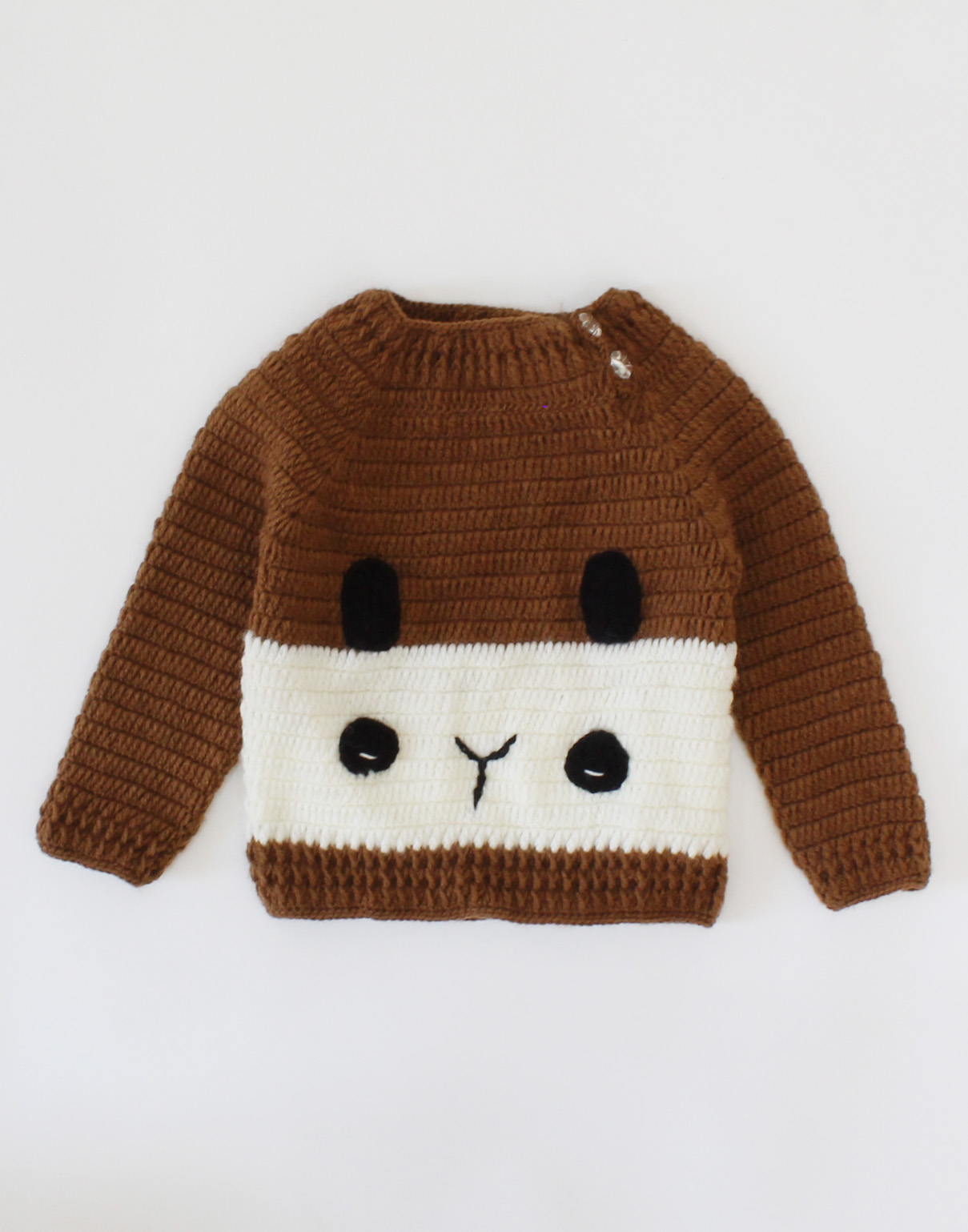 Woonie Knitted Full Sleeves Character Face Detailed Sweater - Brown
