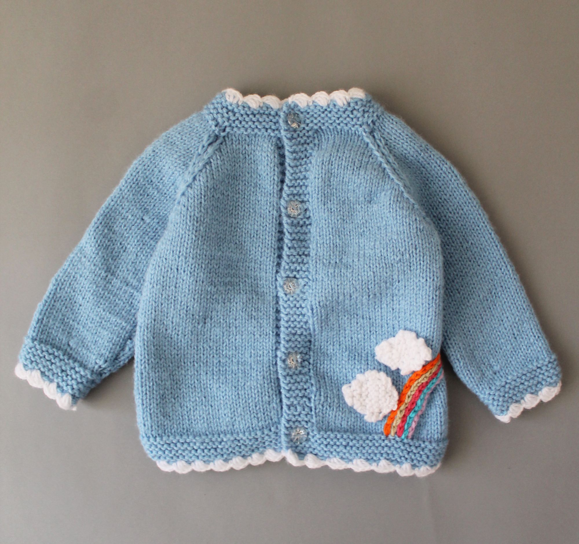 Woonie Knitted Full Sleeves Boarder Detailed Rainbow And Clouds Applique Cardigan - Blue