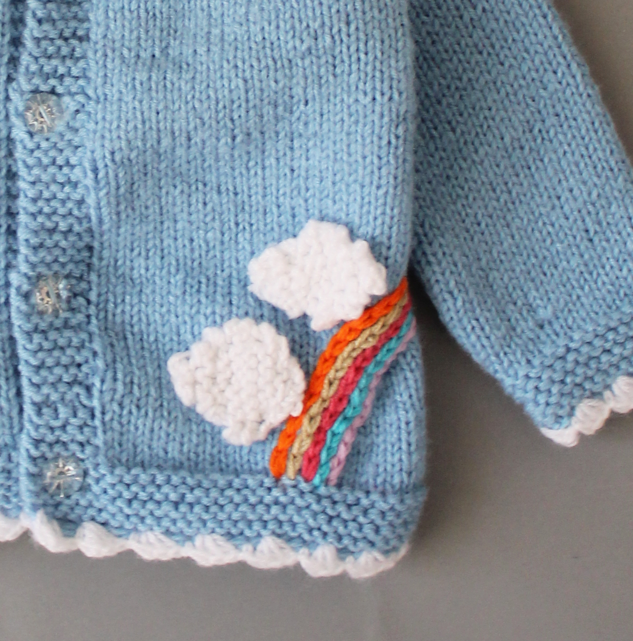 Woonie Knitted Full Sleeves Boarder Detailed Rainbow And Clouds Applique Cardigan - Blue