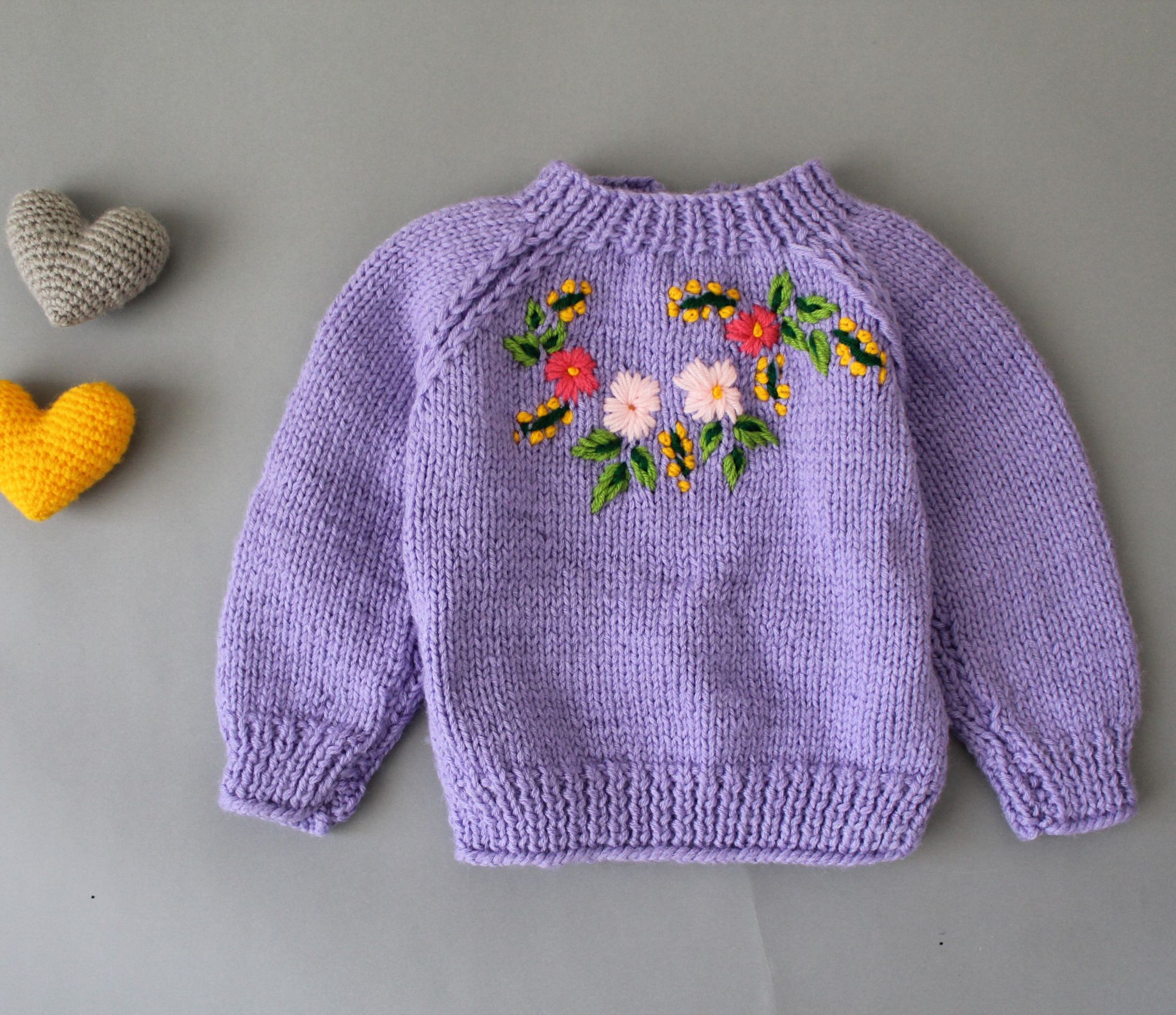 Woonie Handmade Full Sleeves Floral Embroidered Knitted Pullover Sweater - Purple