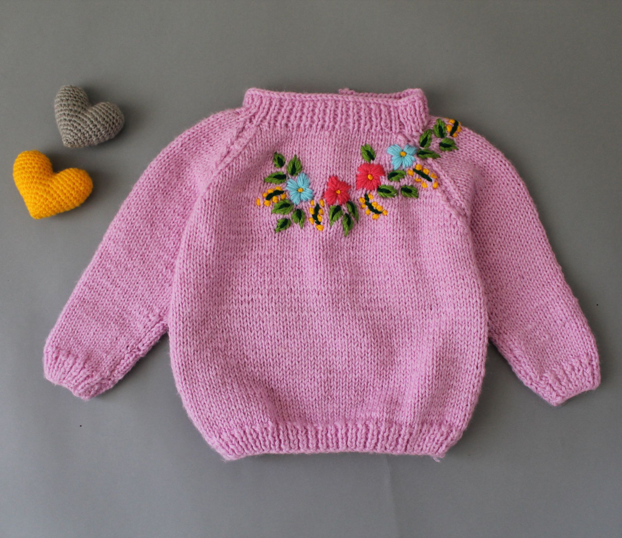 Woonie Handmade Full Sleeves Floral Embroidered Knitted Pullover Sweater - Mauve