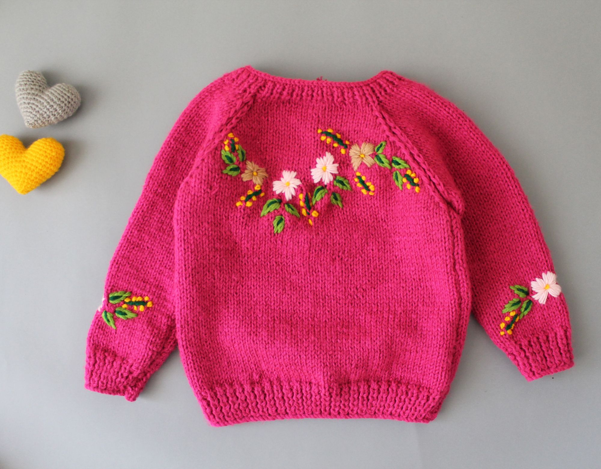 Woonie Handmade Full Sleeves Floral Embroidered Knitted Pullover Sweater - Pink