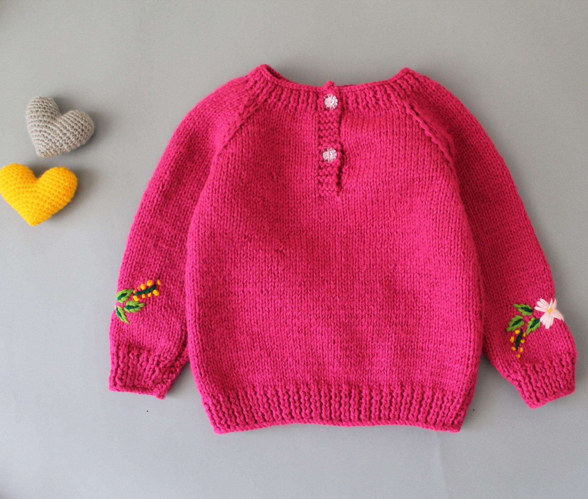 Woonie Handmade Full Sleeves Floral Embroidered Knitted Pullover Sweater - Pink