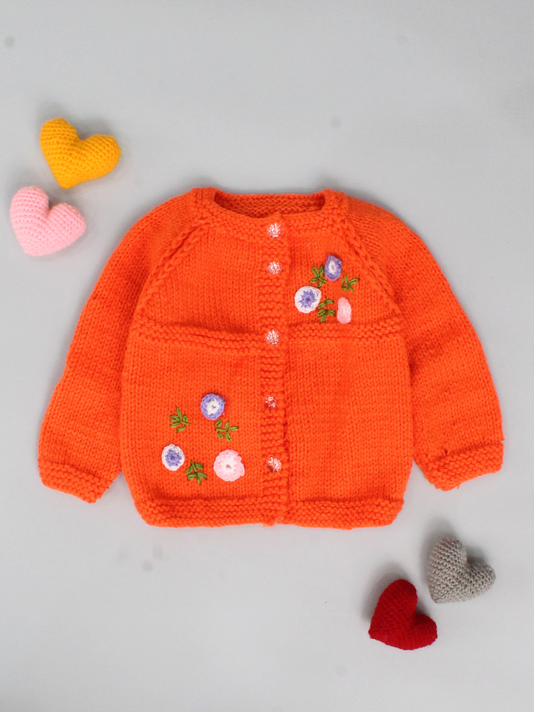 Woonie Handmade Raglan Full Sleeves Knitted Floral Embroidered Cardigan Sweater - Orange