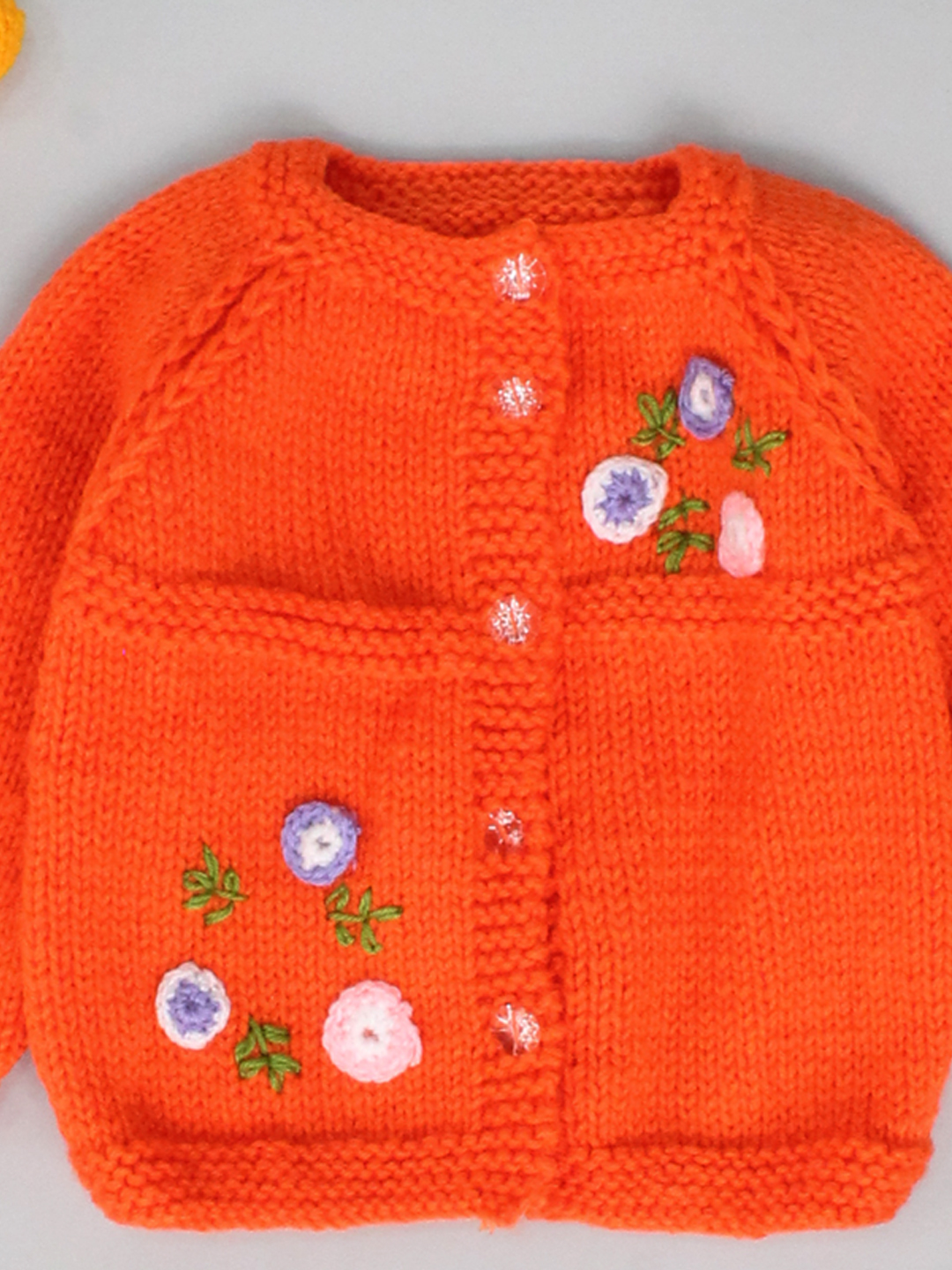 Woonie Handmade Raglan Full Sleeves Knitted Floral Embroidered Cardigan Sweater - Orange