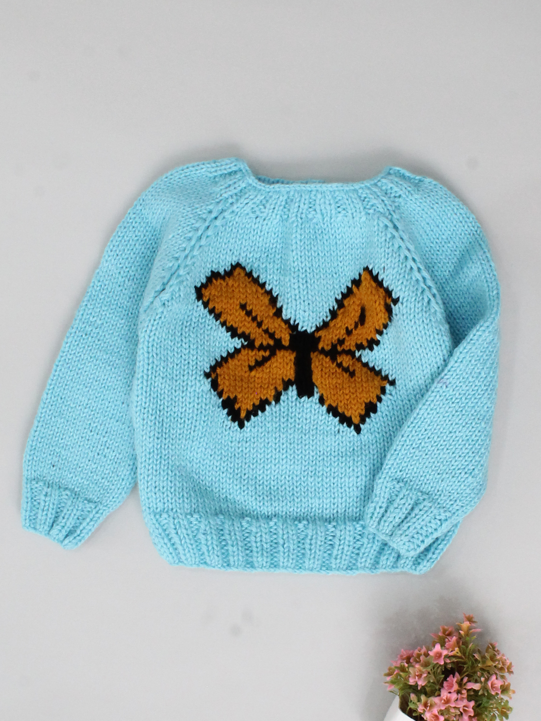 Woonie Handmade Raglan Full Sleeves Butterfly Design Detailed Knitted Pullover Sweater - Blue