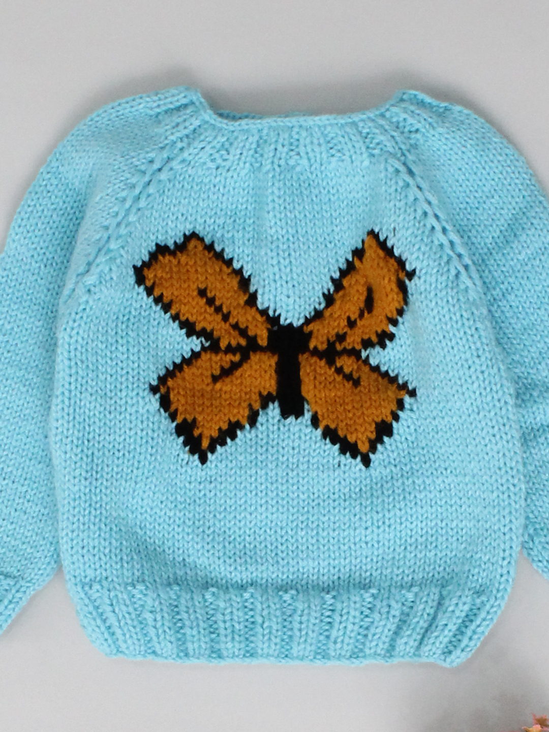 Woonie Handmade Raglan Full Sleeves Butterfly Design Detailed Knitted Pullover Sweater - Blue