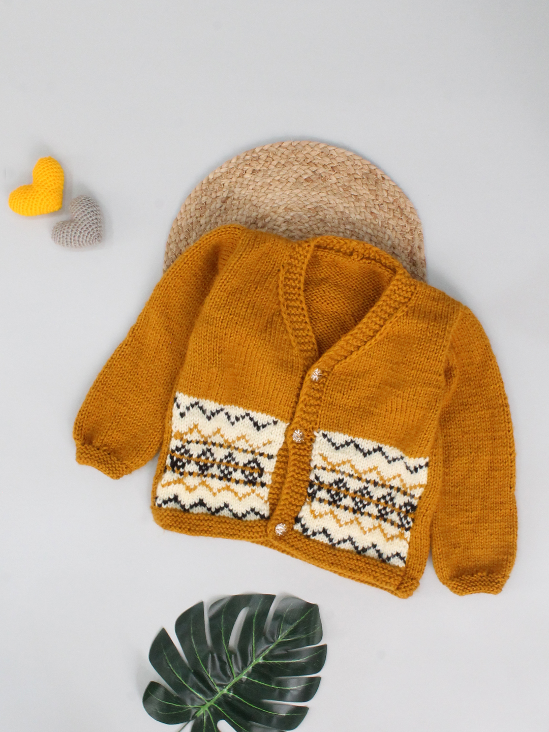 Woonie Handmade Full Sleeves Knitted Self Designed Detailed Sweater - Mustard