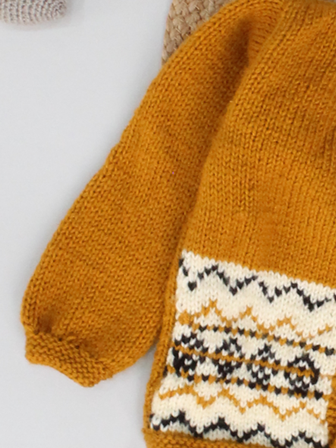Woonie Handmade Full Sleeves Knitted Self Designed Detailed Sweater - Mustard