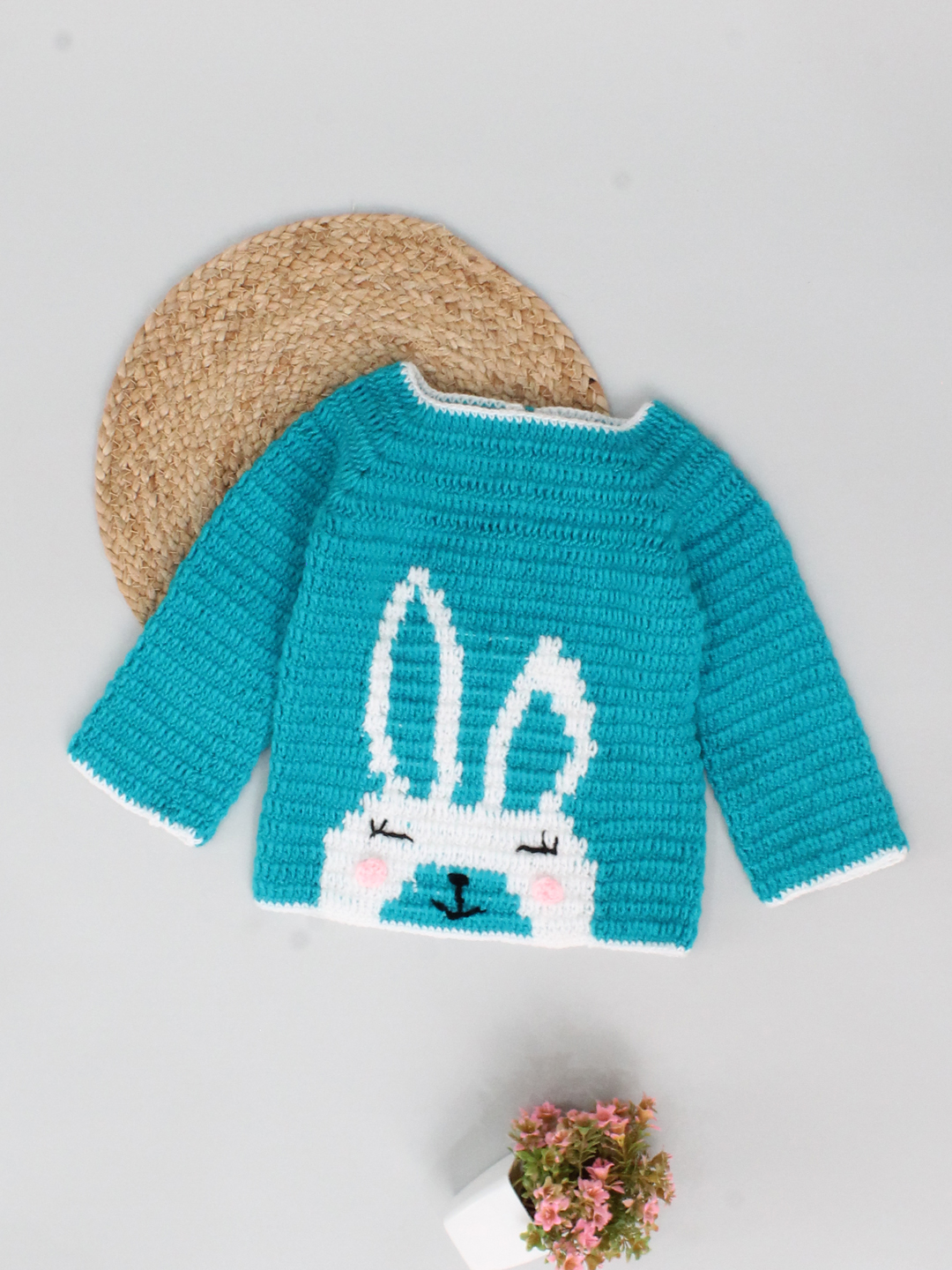 Woonie Handmade Full Raglan Sleeves Crochet Bunny Knitted Sweater -Sea Green