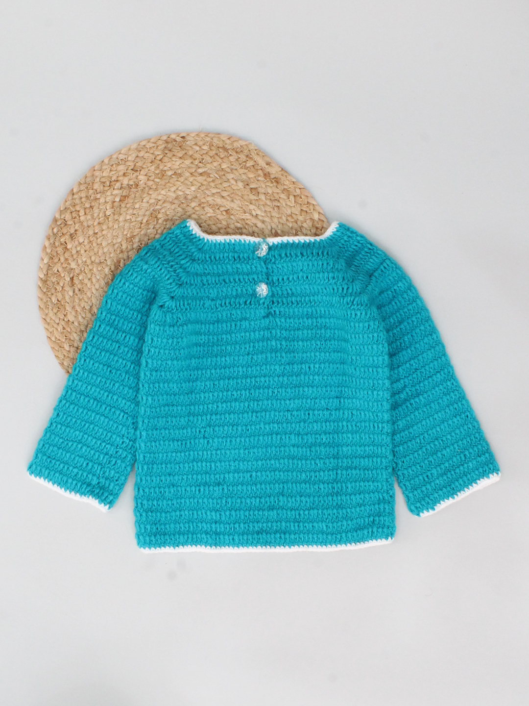 Woonie Handmade Full Raglan Sleeves Crochet Bunny Knitted Sweater -Sea Green