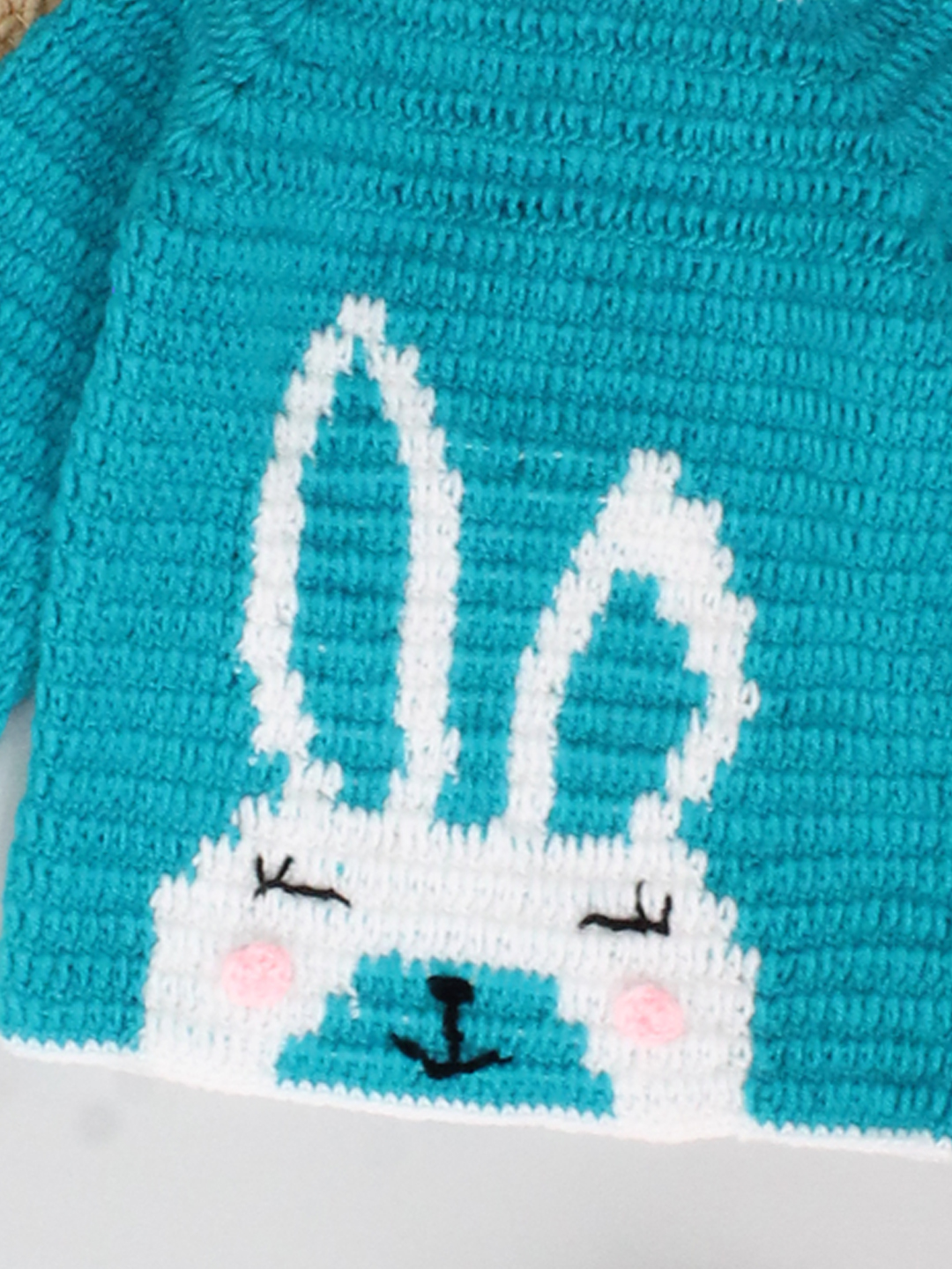 Woonie Handmade Full Raglan Sleeves Crochet Bunny Knitted Sweater -Sea Green