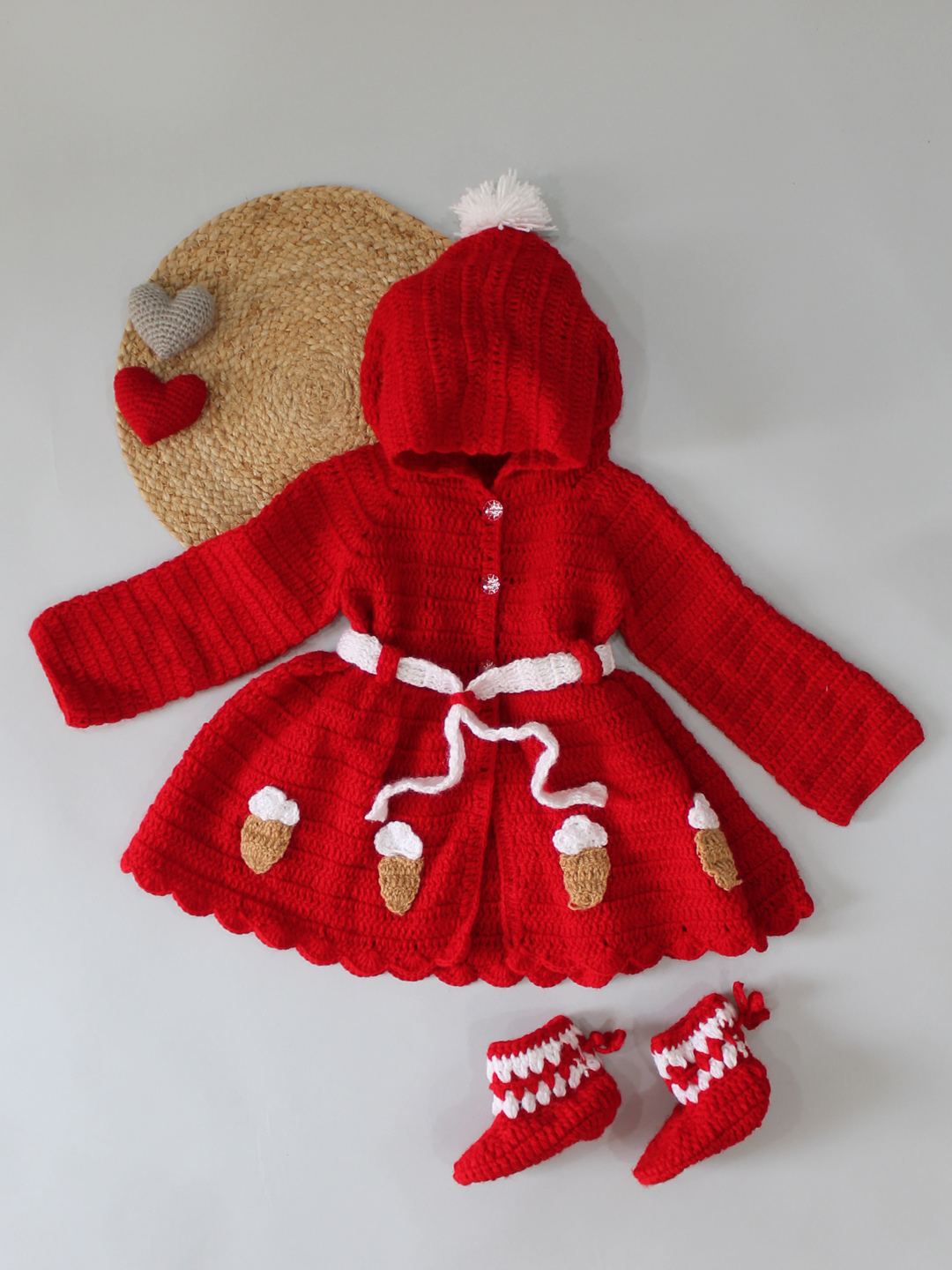 Woonie Handmade Full Sleeves Ice-cream Design Front Openable Hooded Cardigan With Drawstring Socks-Red