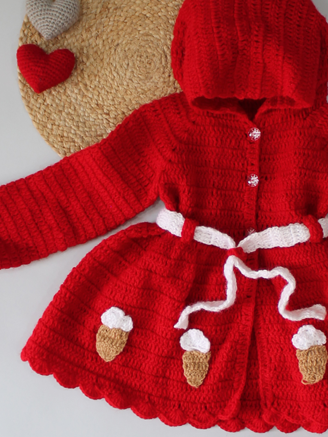 Woonie Handmade Full Sleeves Ice-cream Design Front Openable Hooded Cardigan With Drawstring Socks-Red