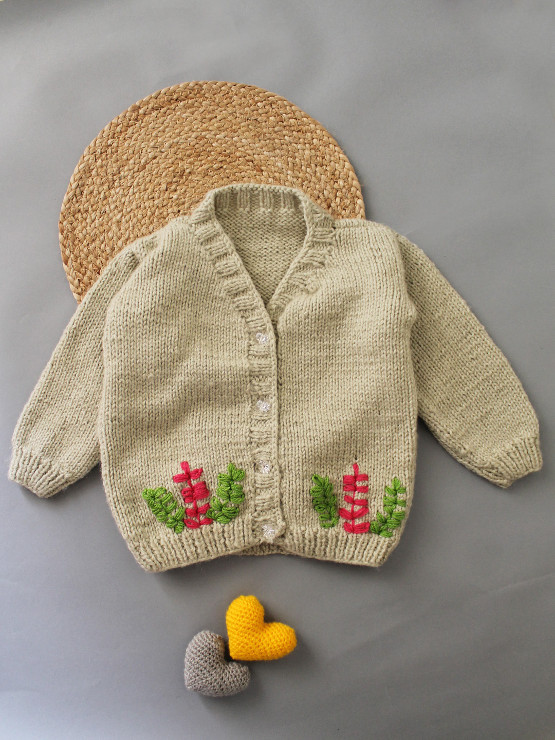 Woonie Handmade Full Raglan Sleeves Knitted Embroidered Sweater - Beige