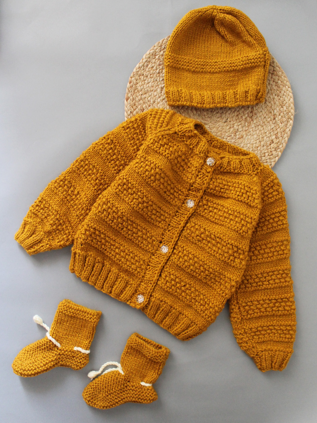 Woonie Handmade Full Raglan Sleeves Knitted Sweater With Cap & Booties - Mustard