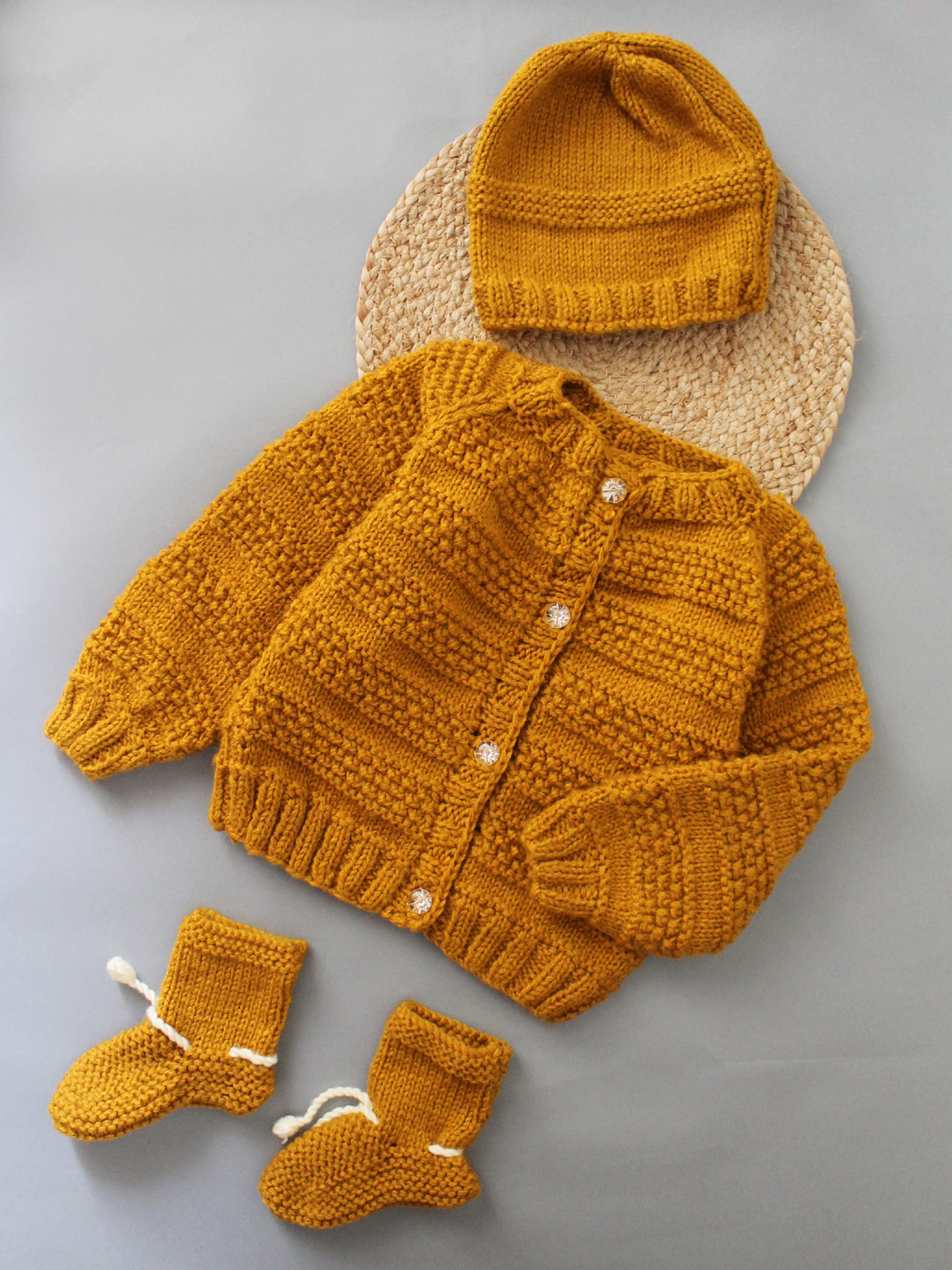 Woonie Handmade Full Raglan Sleeves Knitted Sweater With Cap & Booties - Mustard