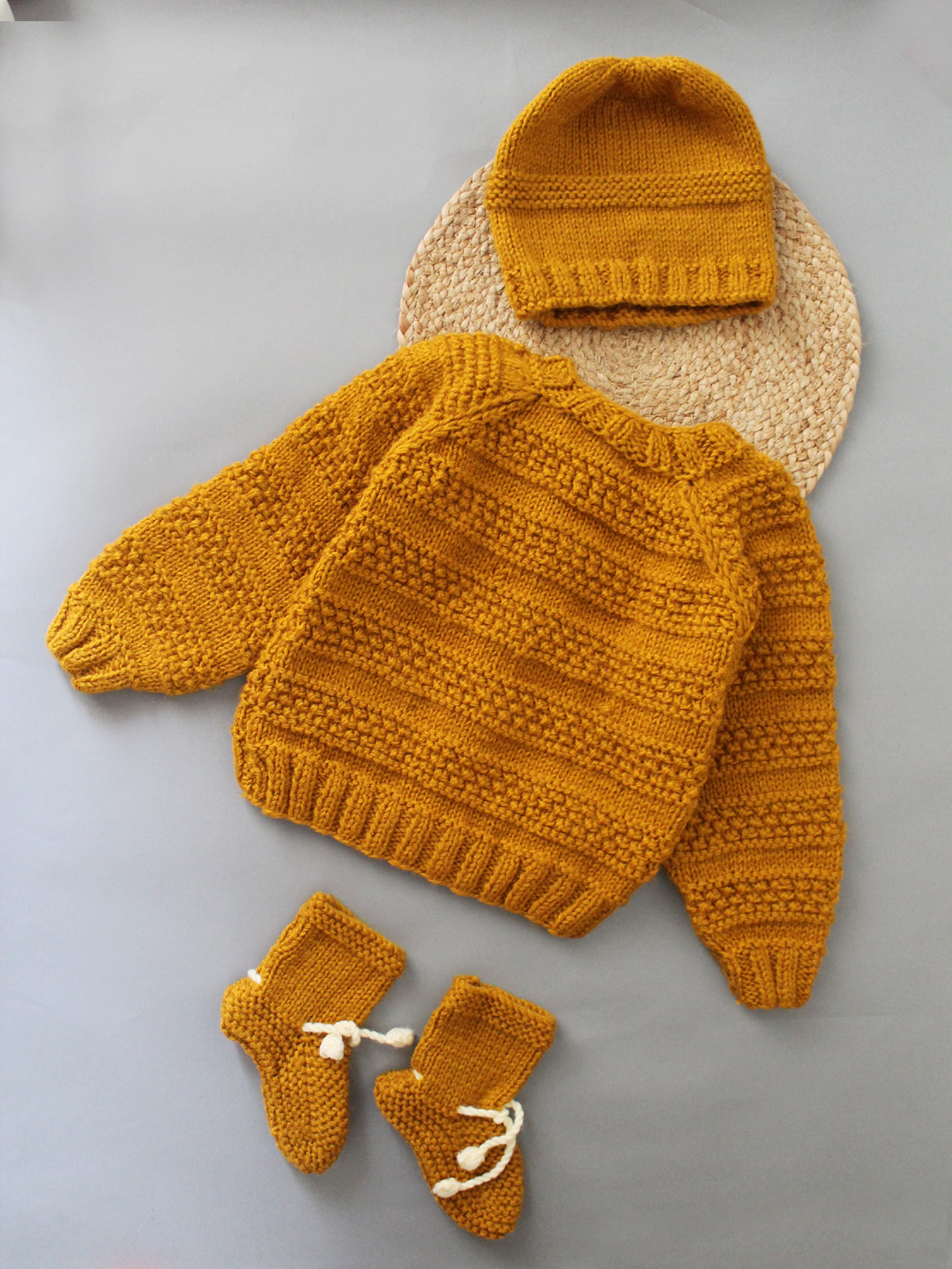 Woonie Handmade Full Raglan Sleeves Knitted Sweater With Cap & Booties - Mustard