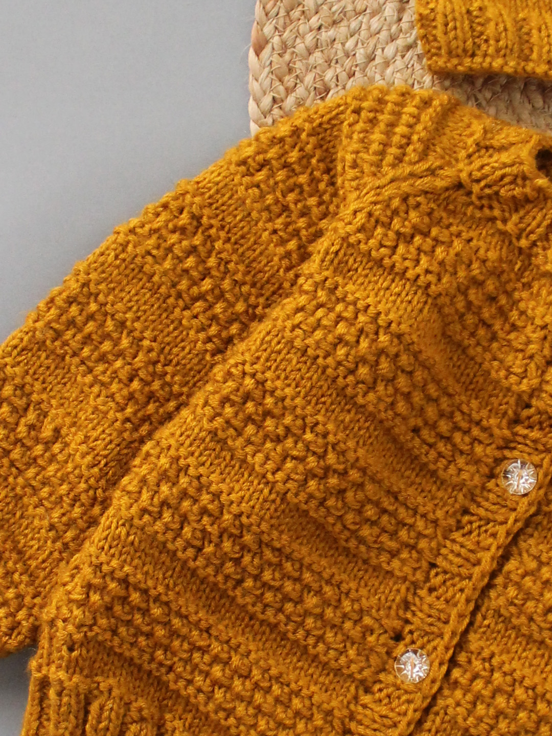 Woonie Handmade Full Raglan Sleeves Knitted Sweater With Cap & Booties - Mustard
