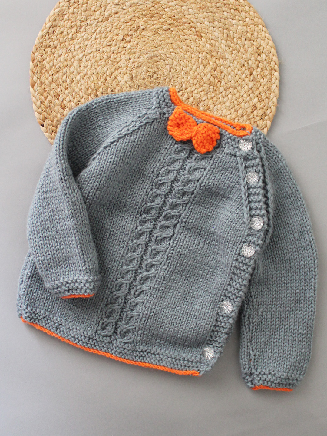 Woonie Handmade Full Raglan Sleeves Knitted Bow Detailing & Cable Design Sweater - Grey