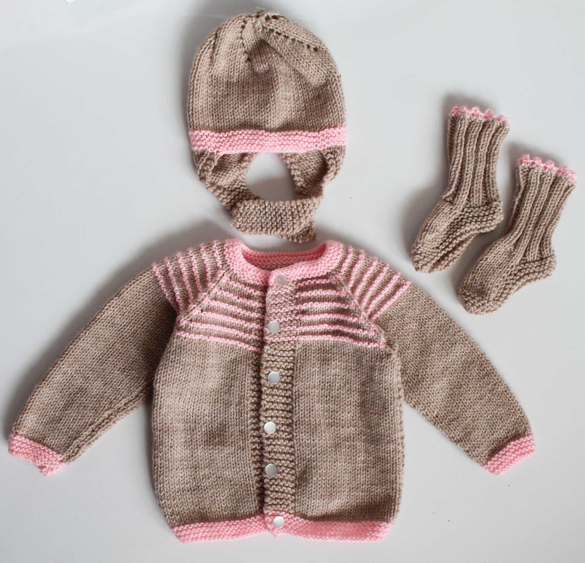 Woonie Handmade Beige Knitted Sweater with Matching Cap and Booties for Kids