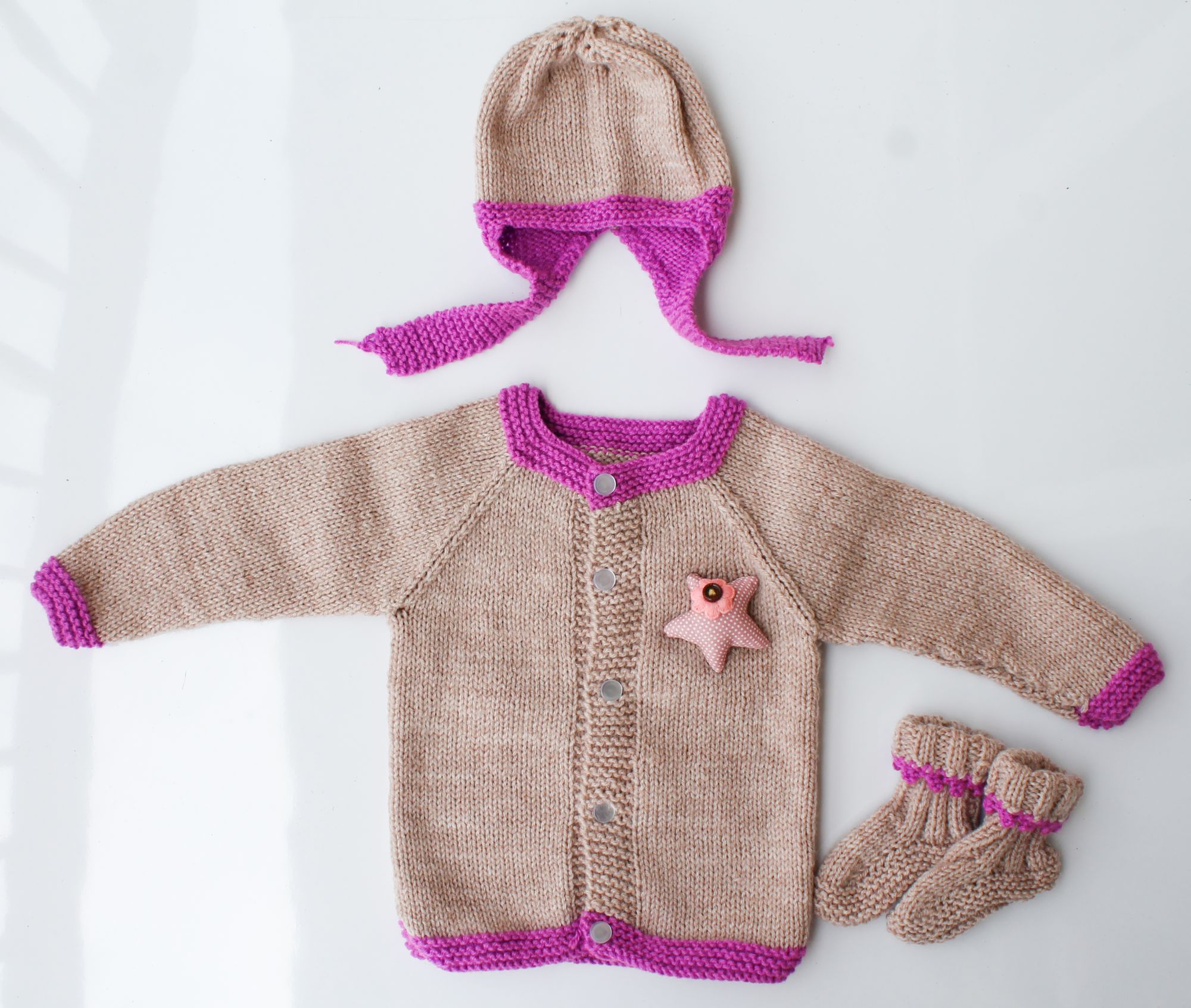 Woonie Handmade Beige and Purple Knitted Sweater with Cap and Booties for Kids