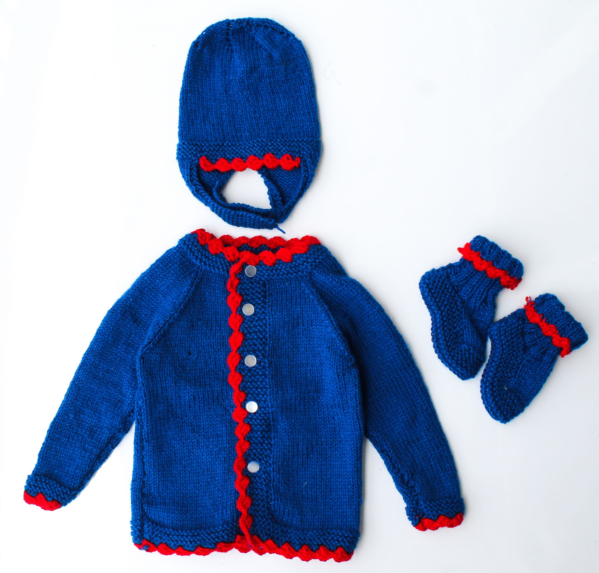 Woonie Handmade Blue Knitted Sweater with Cap and Booties for Kids