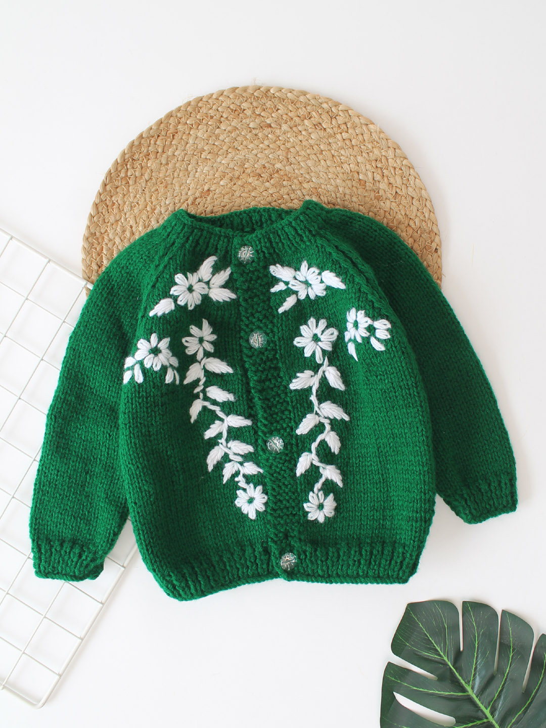 Woonie Handknitted Embroidered Cardigan- Green