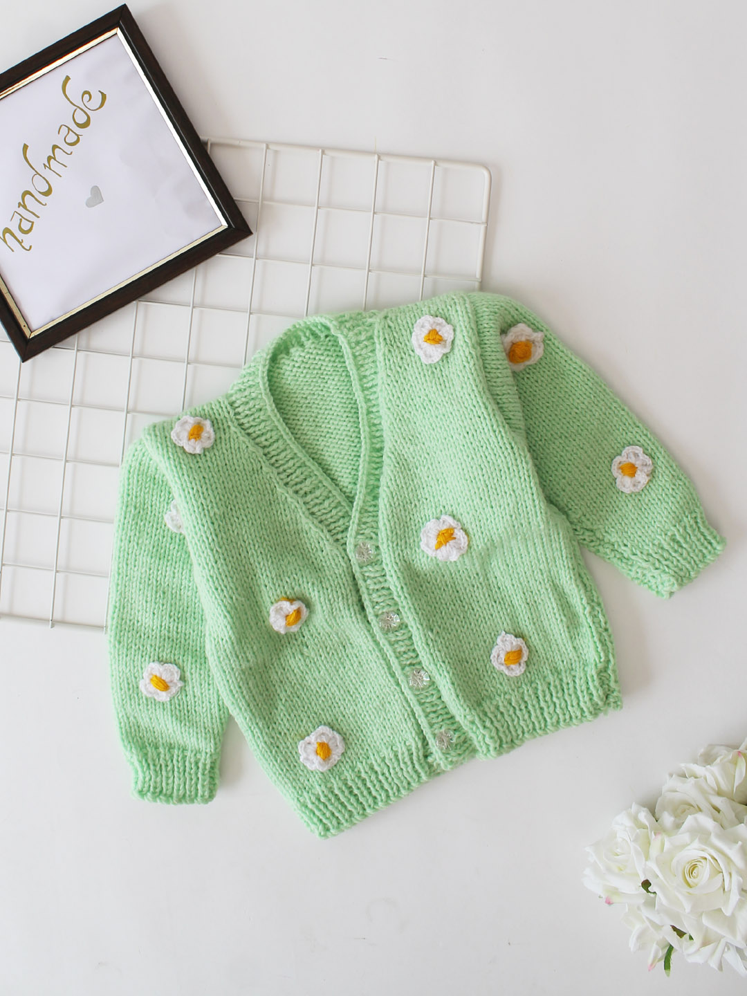 Woonie Handknitted Daisy Cardigan- Green