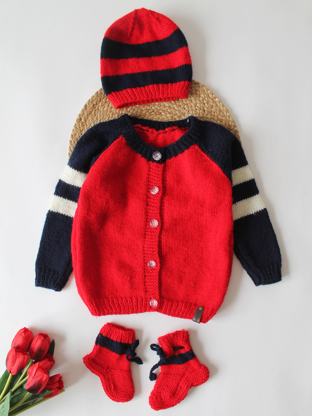 Woonie Striped Sleeve Sweater Set- Red