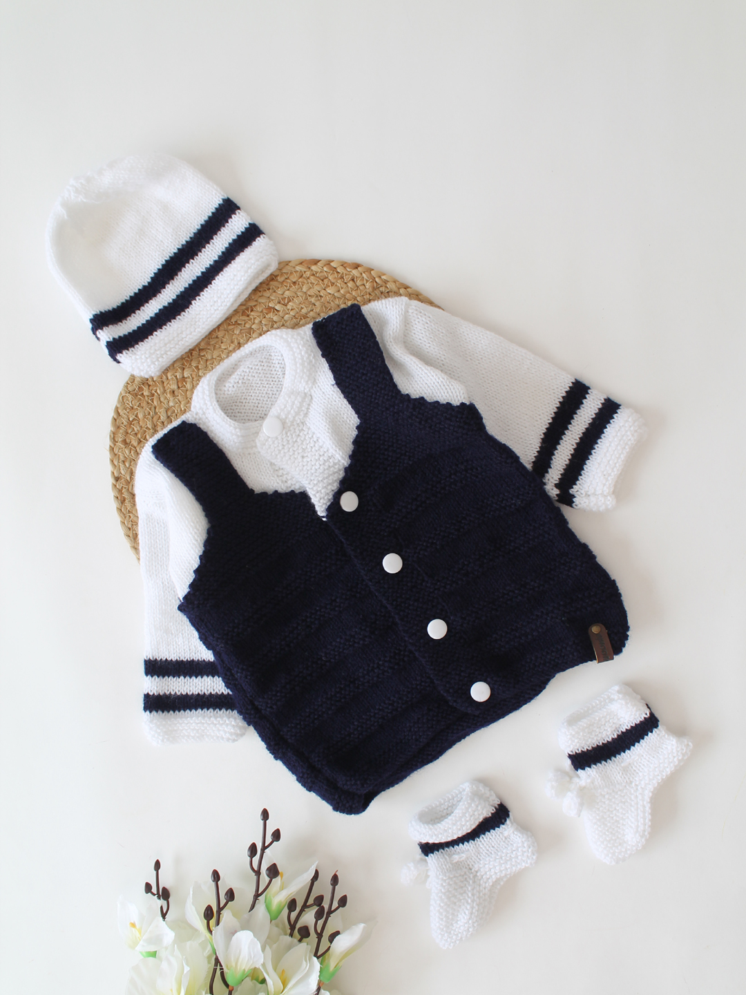 Woonie Striped Sleeve Sweater Set- Navy