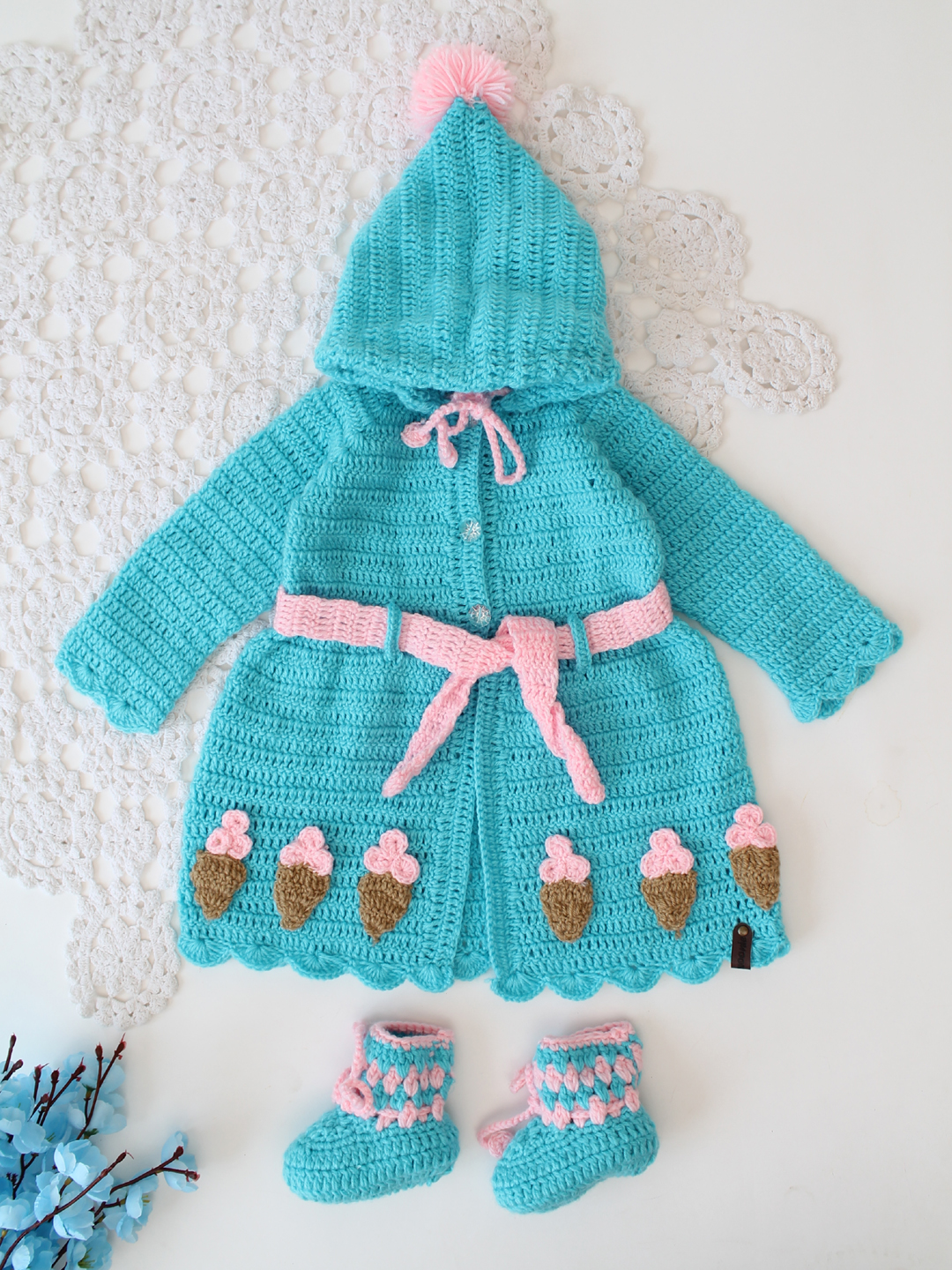Woonie Hooded Cardigan with Icecream cone Appliques- Blue