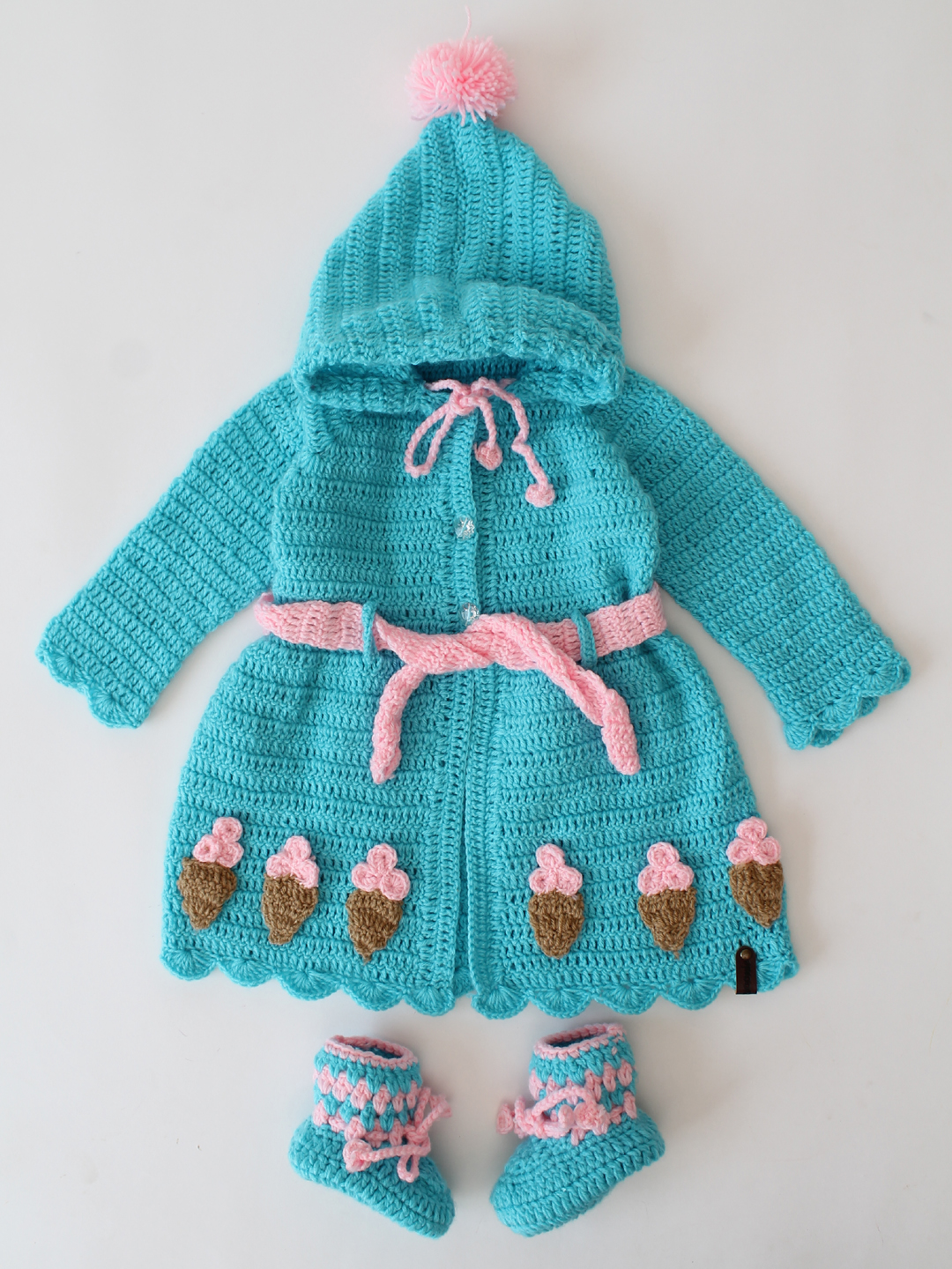 Woonie Hooded Cardigan with Icecream cone Appliques- Blue