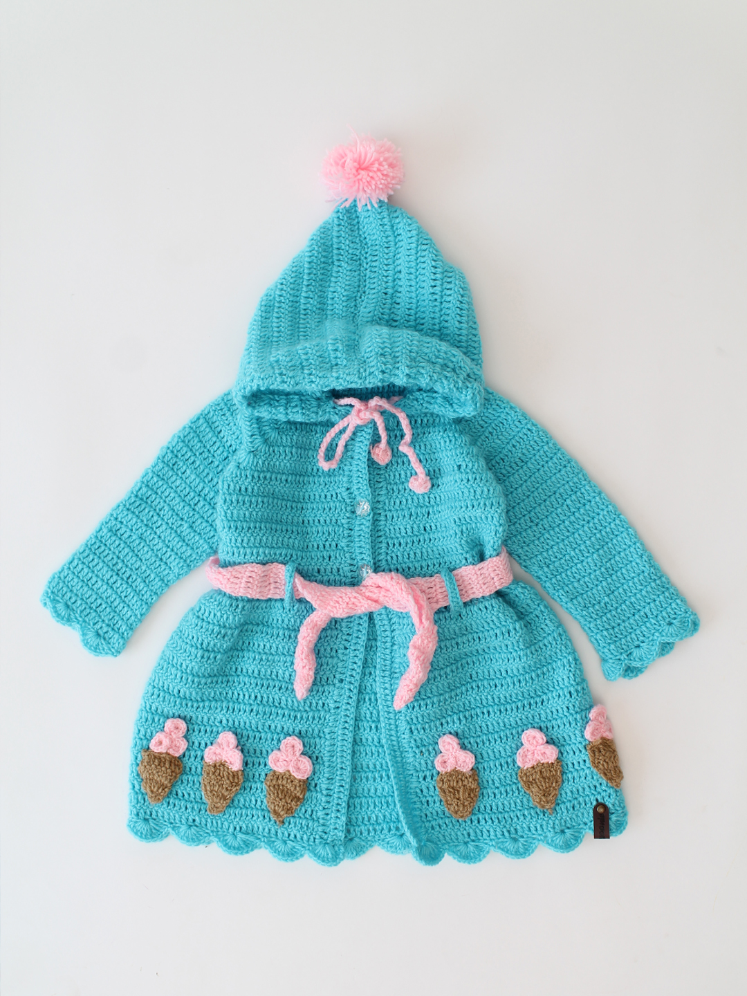 Woonie Hooded Cardigan with Icecream cone Appliques- Blue