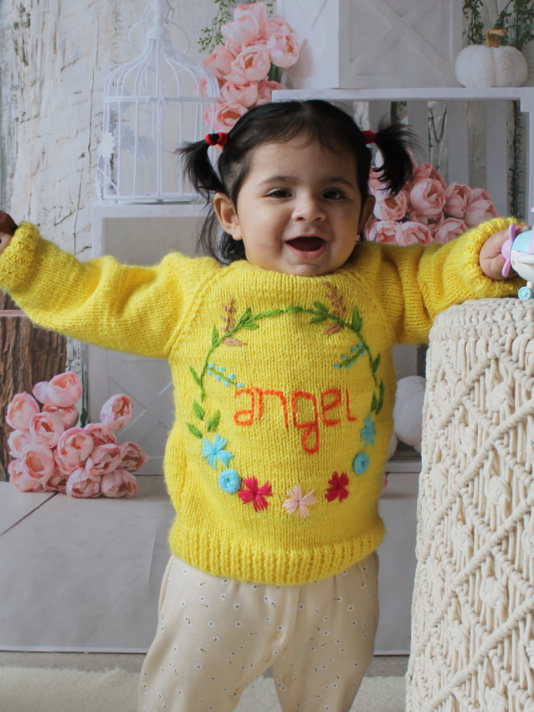 Handknitted Floral Embroidered Angel Sweater for Kids - Yellow