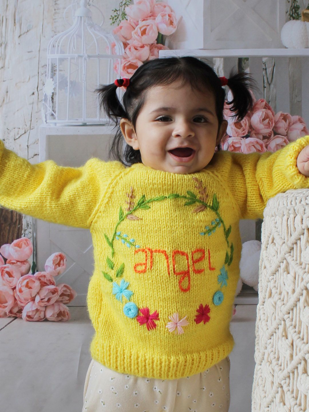 Handknitted Floral Embroidered Angel Sweater for Kids - Yellow