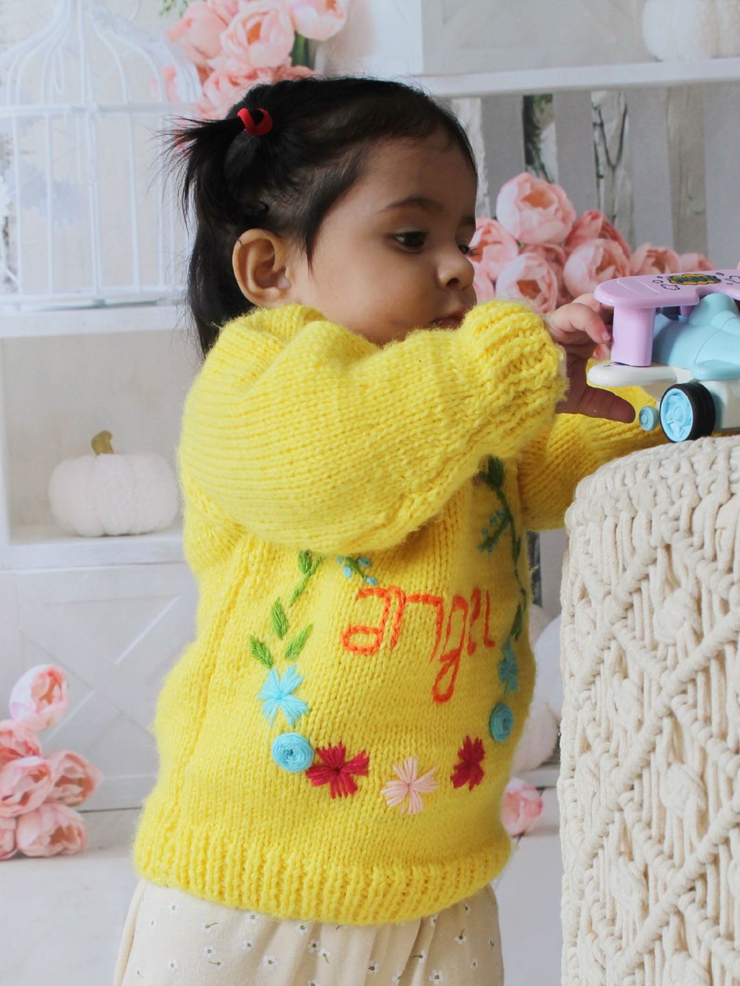 Handknitted Floral Embroidered Angel Sweater for Kids - Yellow