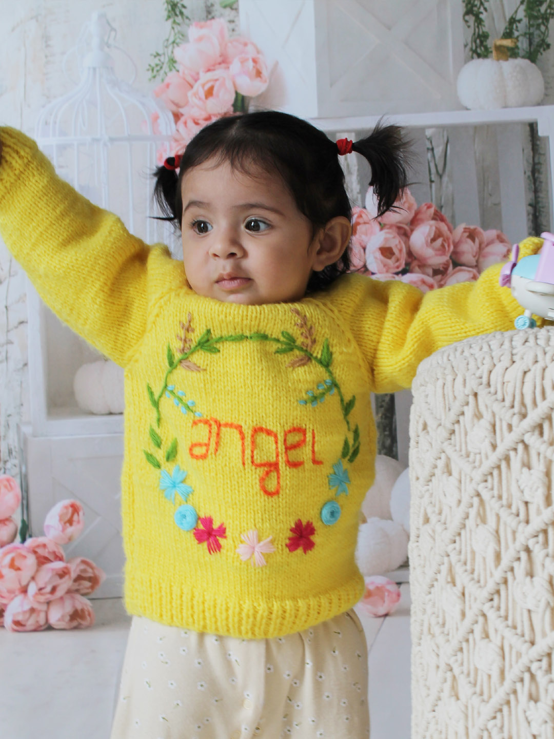 Handknitted Floral Embroidered Angel Sweater for Kids - Yellow