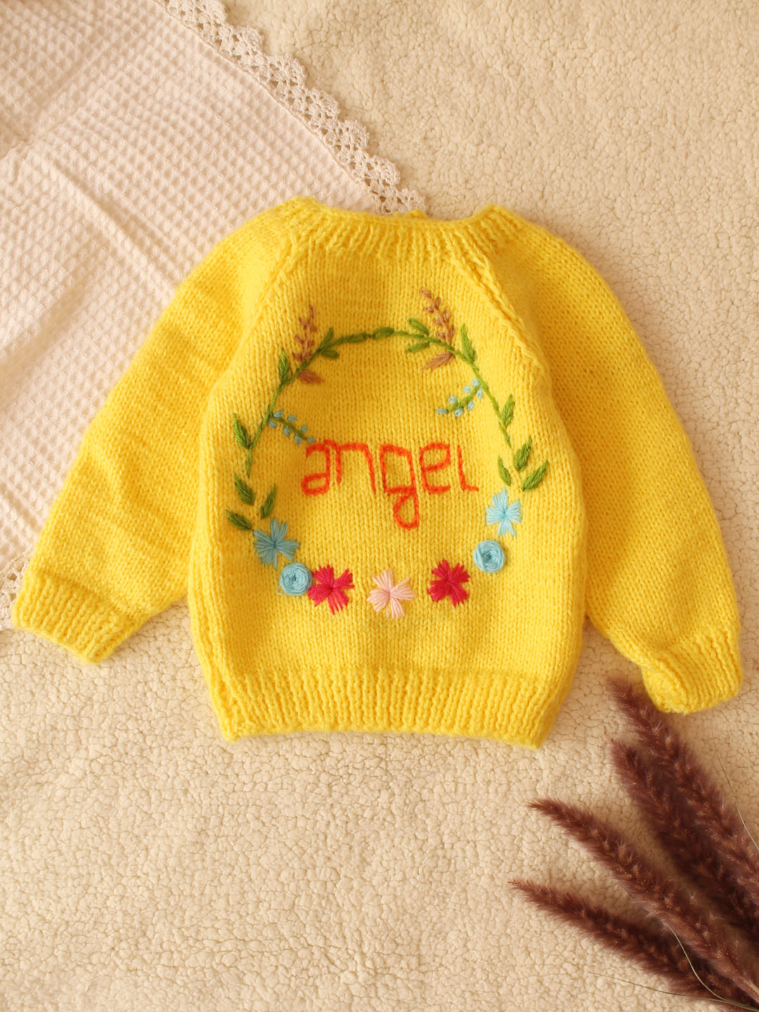 Handknitted Floral Embroidered Angel Sweater for Kids - Yellow