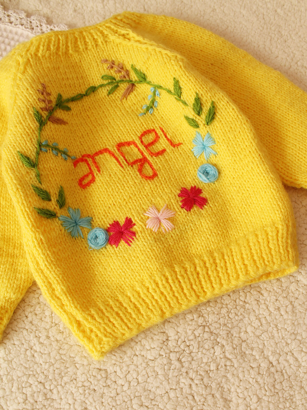 Handknitted Floral Embroidered Angel Sweater for Kids - Yellow