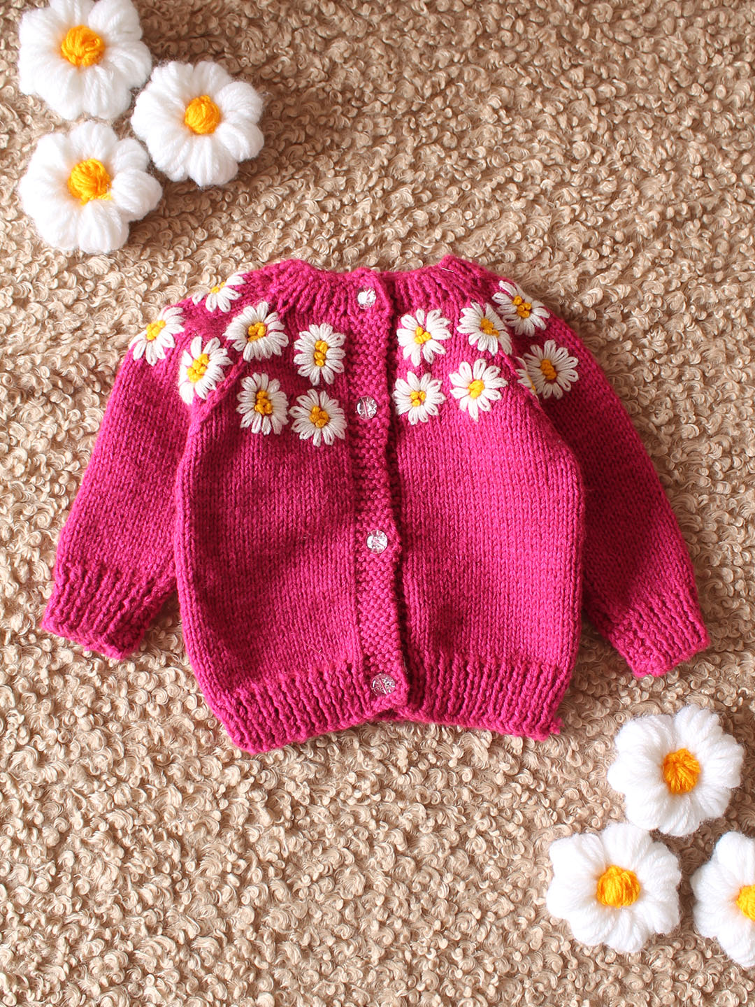 Handknitted Embroidered Floral Sweater for Kids Magenta